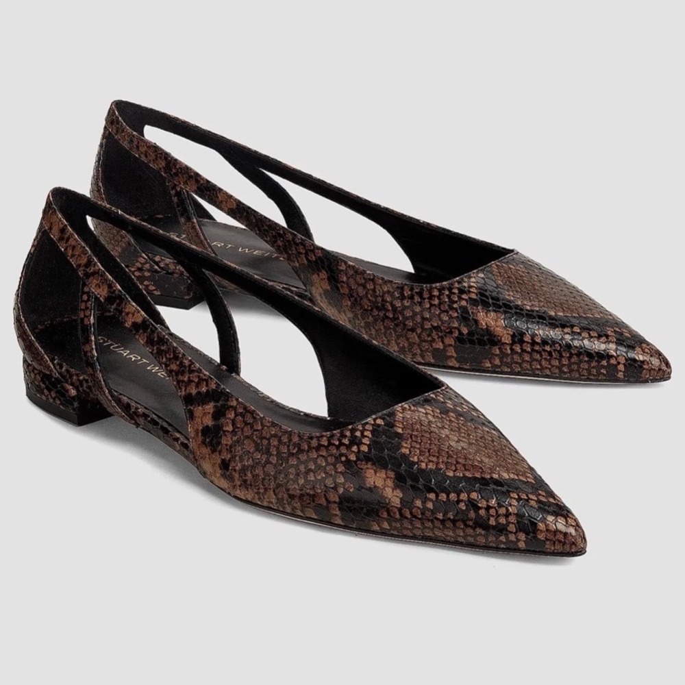 Stuart Weitzman Snakeskin Embossed Leather Cutout Ballet Flats Brown Black Boho